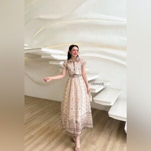 Orange Floral Patterned Midi Dress